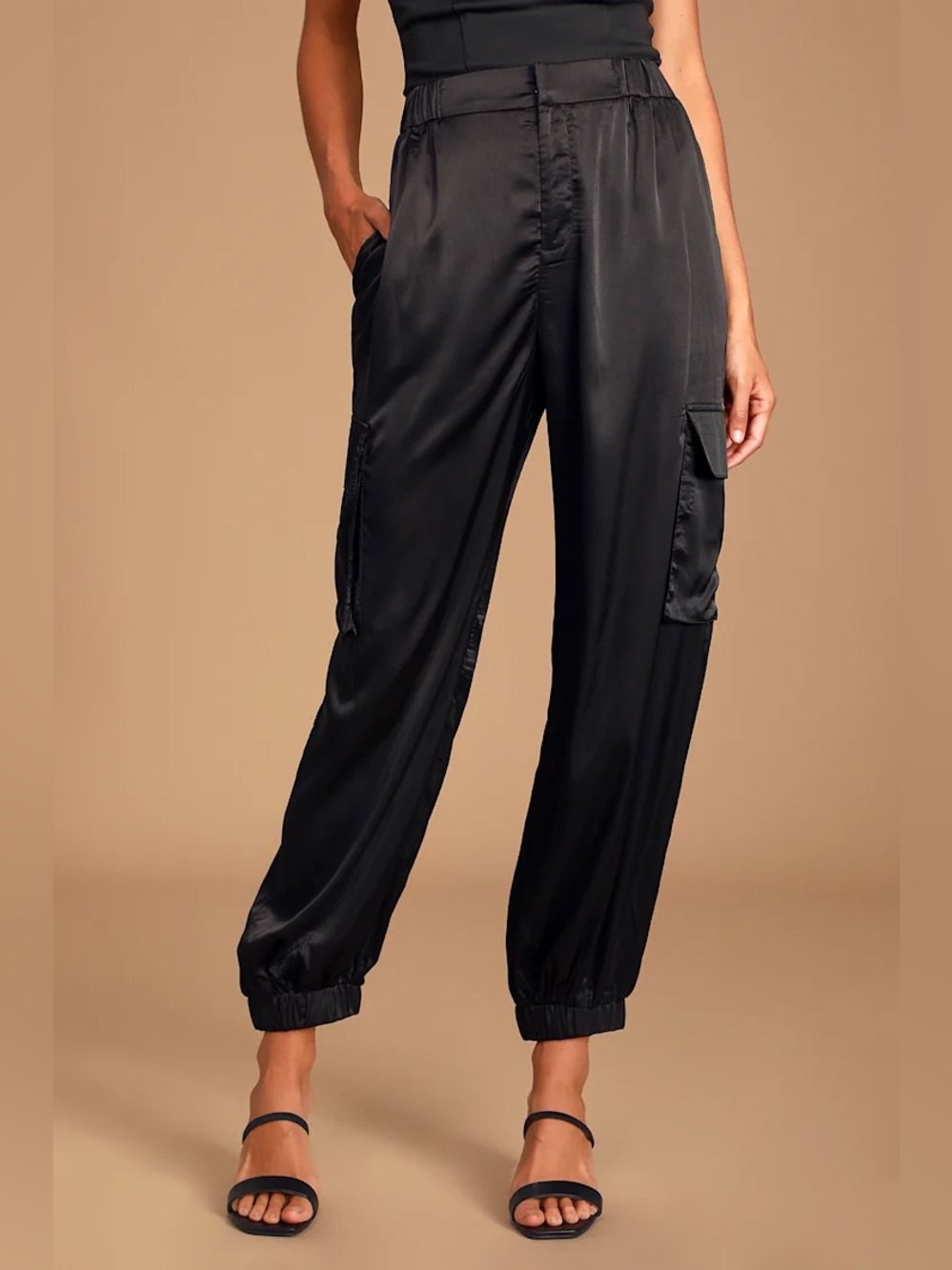 Zara Sleek Black Satin Cargo Joggers